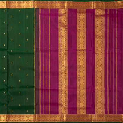 9 Yards Green And Magenta Kanchipuram Silk Saree With Attached Blouse For Festive Wear PV VIS 118