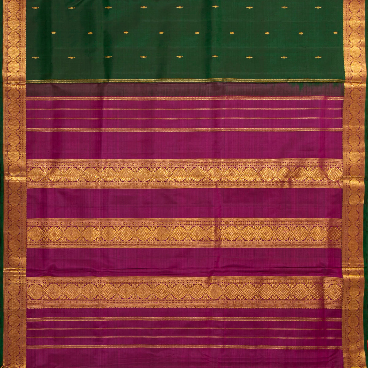 9 Yards Green And Magenta Kanchipuram Silk Saree With Attached Blouse For Festive Wear PV VIS 118