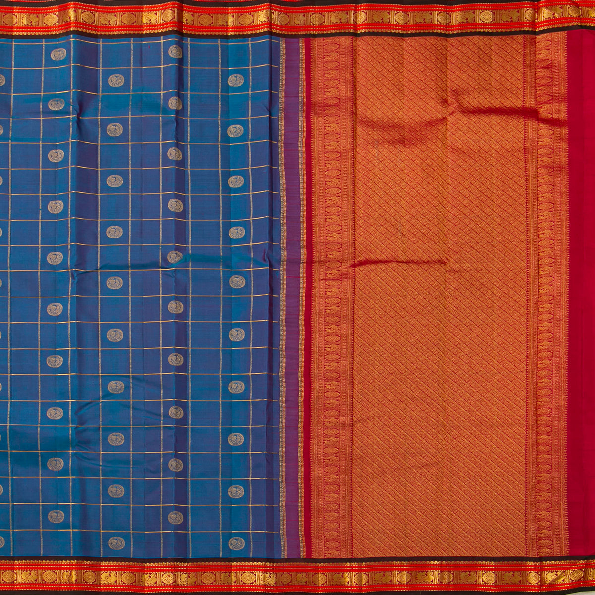 Blue And Red Kanchipuram Silk Saree For Festive Wear PV VIS 128