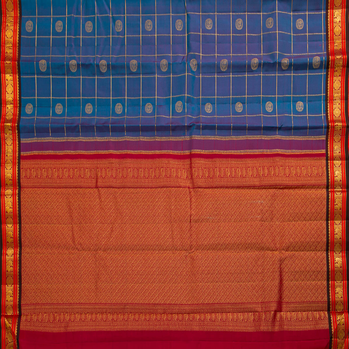 Blue And Red Kanchipuram Silk Saree For Festive Wear PV VIS 128
