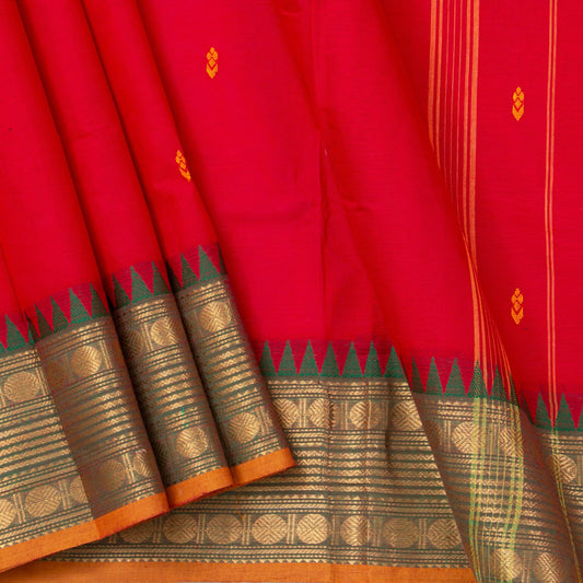 Red And Green Kanchi Cotton Saree For Festive Wear PV MM KC 395 - Cotton Saree - Panjavarnam PV MM KC 395