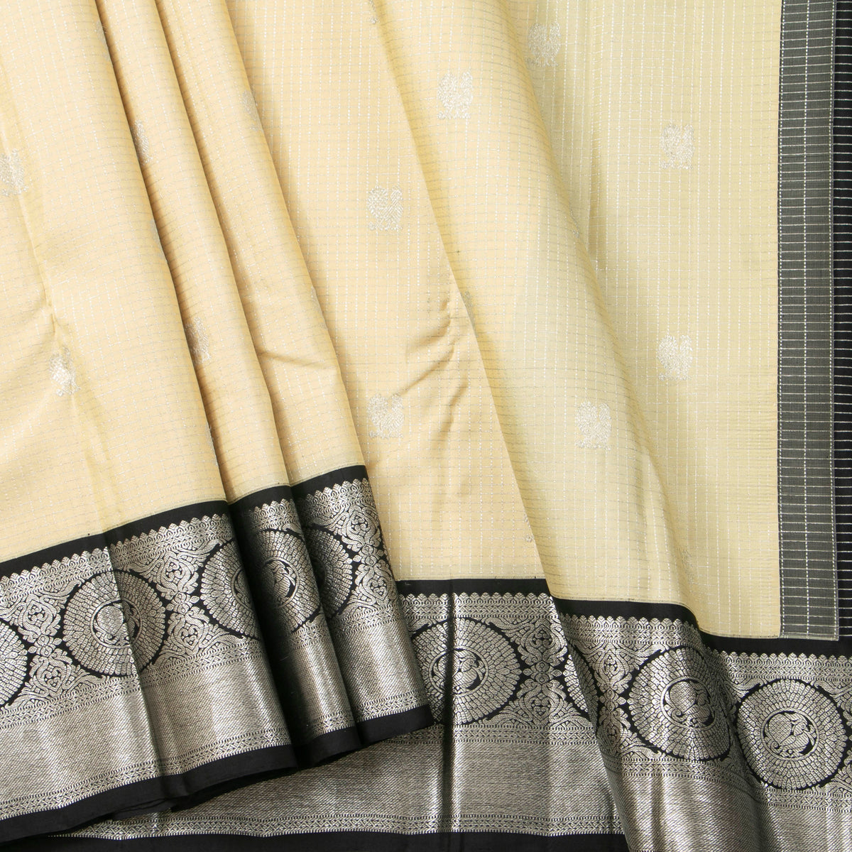 Off White And Black Kanchipuram Silk Saree For Festive Wear PV NYC 2031