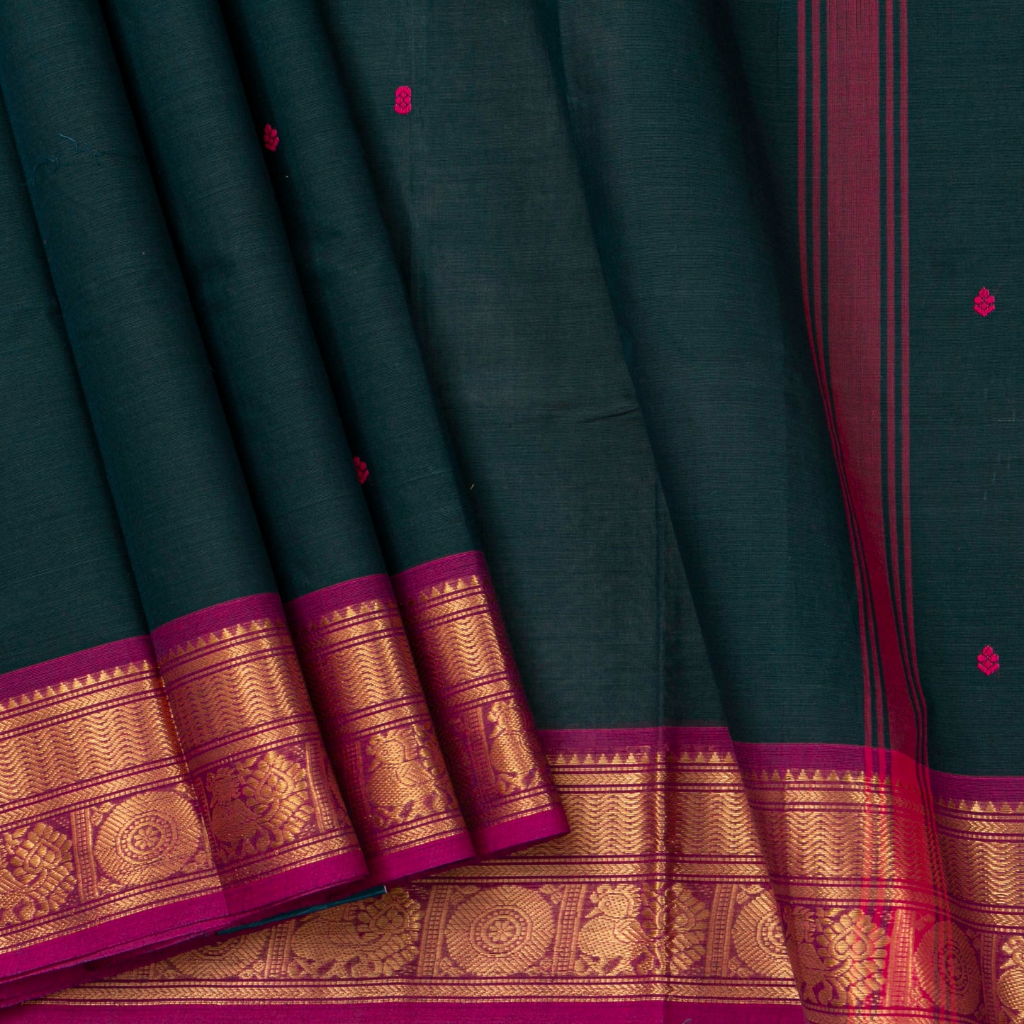 Green And Pink Kanchi Cotton Saree For Festive Wear PV MM KC 489