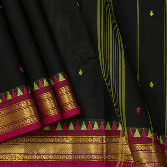 Black And Magenta Kanchi Cotton Saree With Temple Border For Office Wear PV MM KC 469 - Cotton Saree - Panjavarnam PV MM KC 469