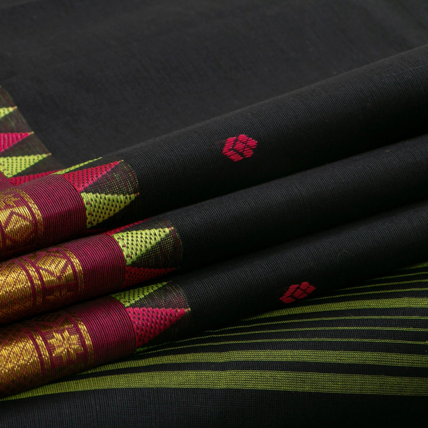 Black And Magenta Kanchi Cotton Saree With Temple Border For Office Wear PV MM KC 469 - Cotton Saree - Panjavarnam PV MM KC 469