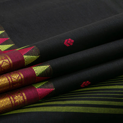 Black And Magenta Kanchi Cotton Saree With Temple Border For Office Wear PV MM KC 469 - Cotton Saree - Panjavarnam PV MM KC 469