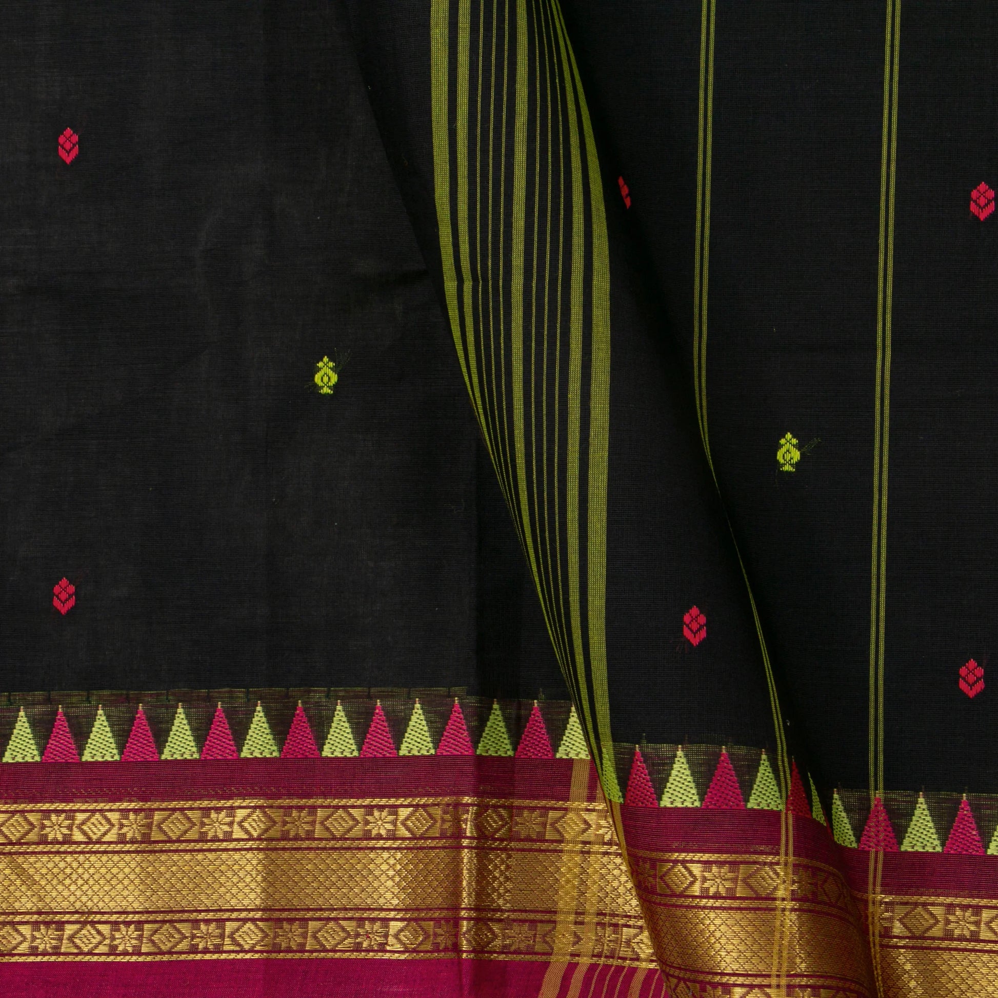 Black And Magenta Kanchi Cotton Saree With Temple Border For Office Wear PV MM KC 469 - Cotton Saree - Panjavarnam PV MM KC 469