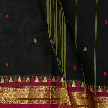 Black And Magenta Kanchi Cotton Saree With Temple Border For Office Wear PV MM KC 469 - Cotton Saree - Panjavarnam PV MM KC 469