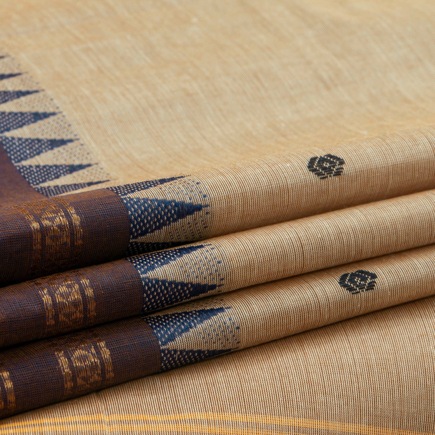Beige And Brown Kanchi Cottton Saree With Temple Border For Festive Wear PV MM KC 504