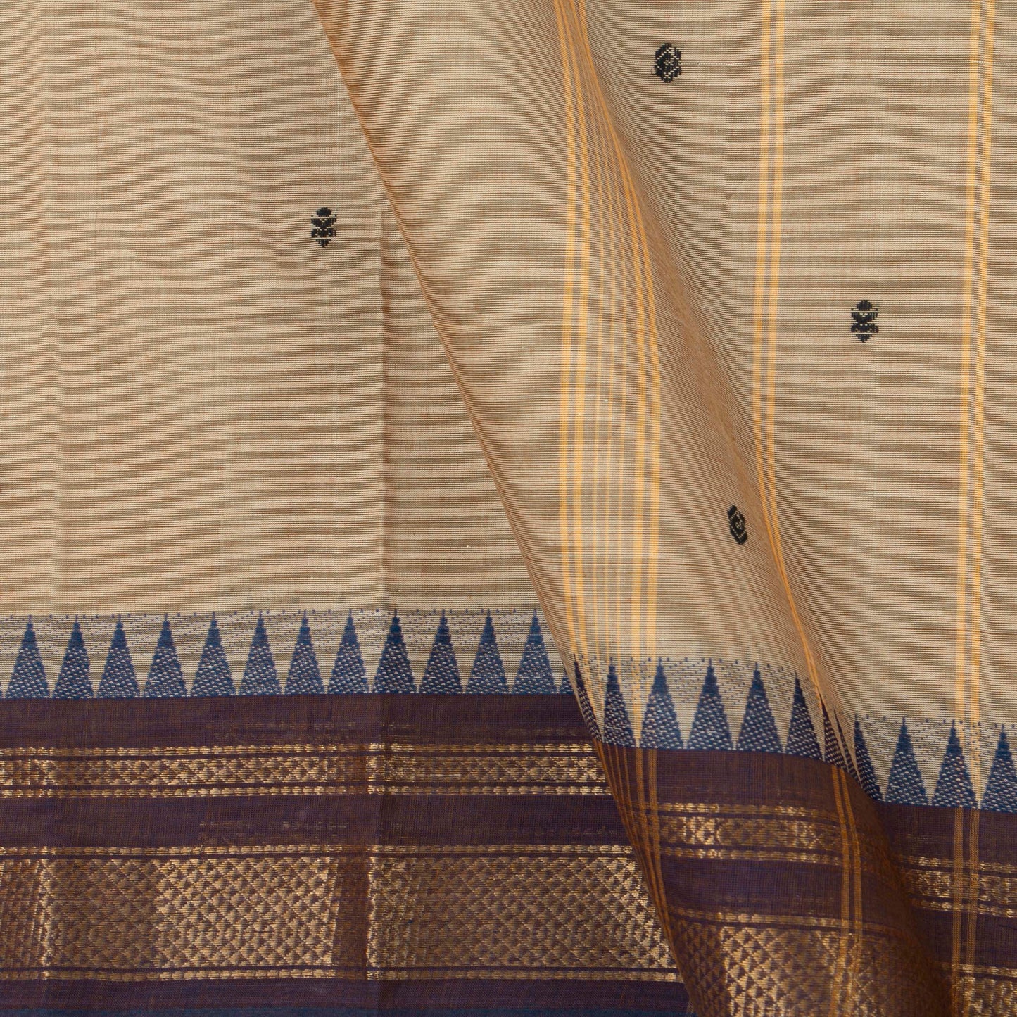 Beige And Brown Kanchi Cottton Saree With Temple Border For Festive Wear PV MM KC 504