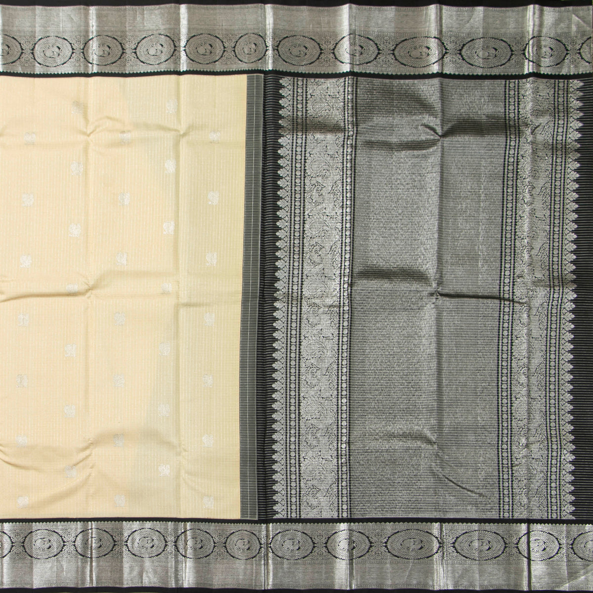 Off White And Black Kanchipuram Silk Saree For Festive Wear PV NYC 2031