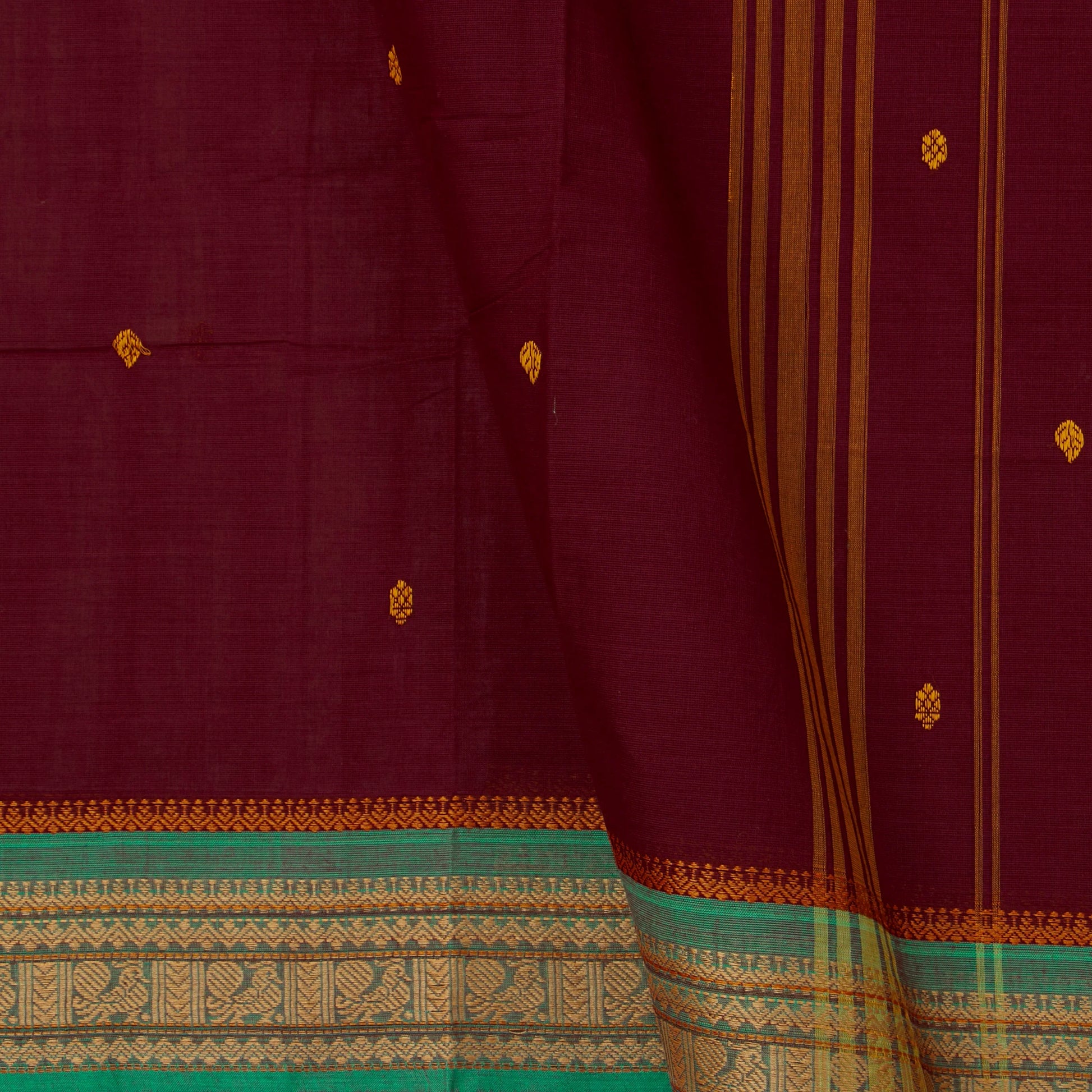 Maroon And Teal Kanchi Cotton Saree For Festive Wear PV MM KC 394 - Cotton Saree - Panjavarnam PV MM KC 394