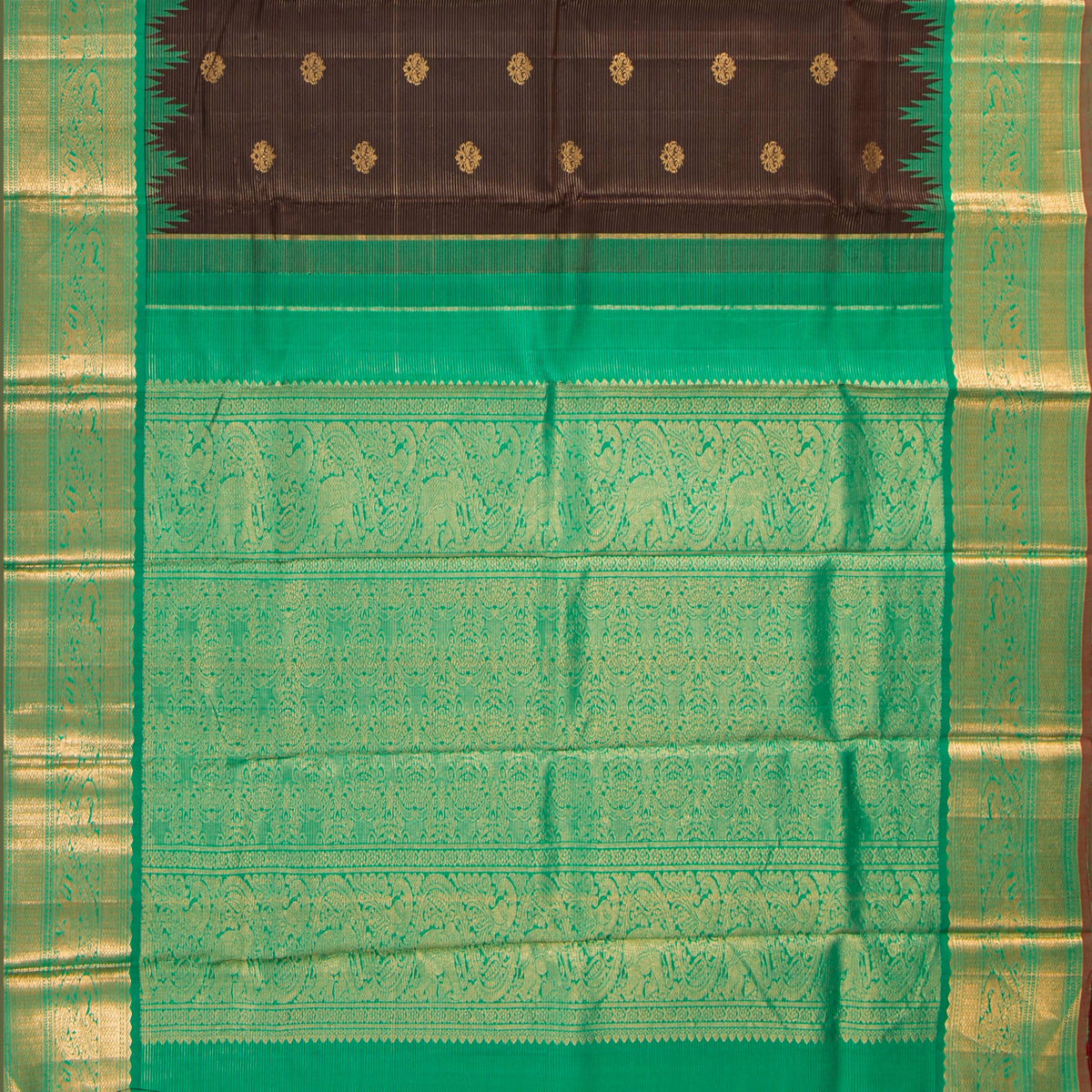 Brown And Sea Green Kanchipuram Silk Saree Vairaoosi For Festive Wear PV NYC 1985