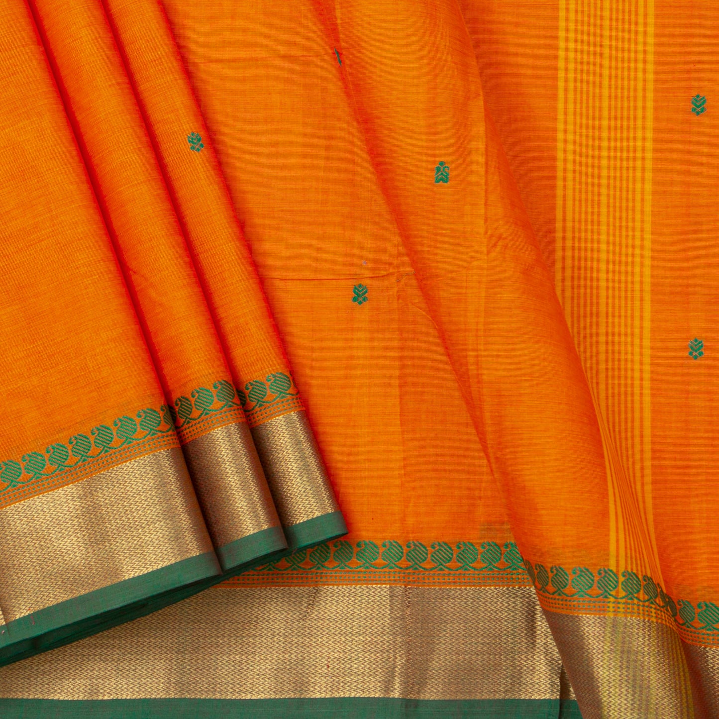 Orange And Green Kanchi Cotton Saree For Festive Wear PV MM KC 449