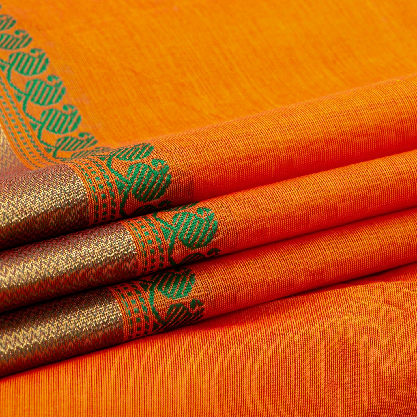 Orange And Green Kanchi Cotton Saree For Festive Wear PV MM KC 449