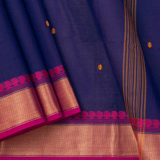 Navy Blue And Pink Kanchi Cotton Saree For Festive Wear PV MM KC 430 - Cotton Saree - Panjavarnam PV MM KC 430
