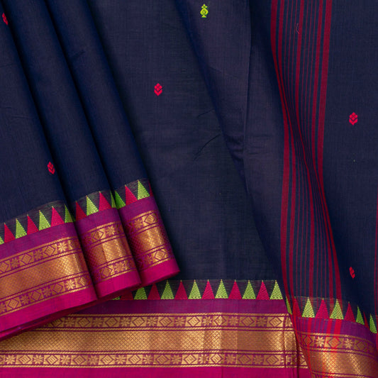 Navy Blue Kanchi Cotton Saree With Ganga Jamuna Border For Festive Wear PV MM KC 423 - Cotton Saree - Panjavarnam PV MM KC 423