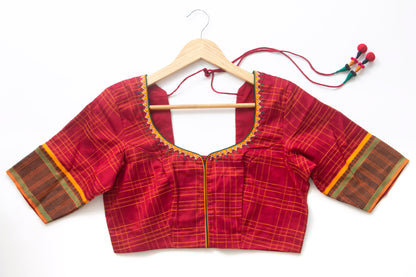 Red With Yellow Checks Silk Cotton Blouse PV BL 101