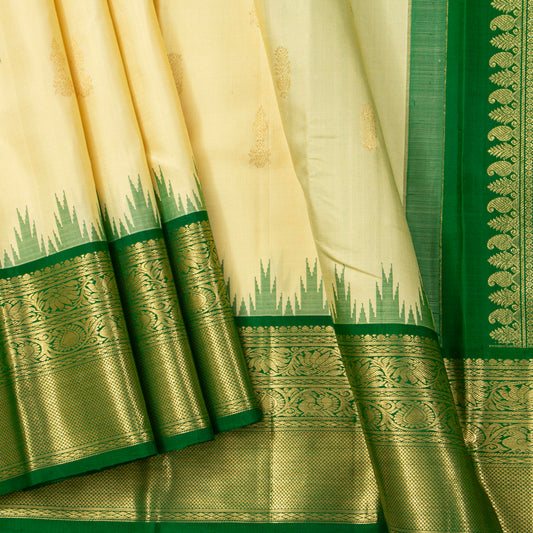 Off White And Green Kanchipuram Silk Saree For Festive Wear PV NYC 1941