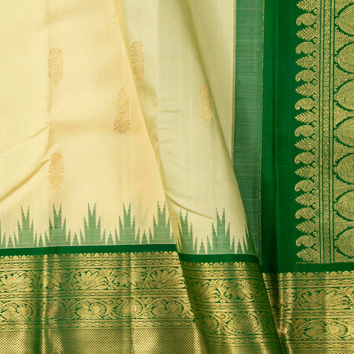 Off White And Green Kanchipuram Silk Saree For Festive Wear PV NYC 1941