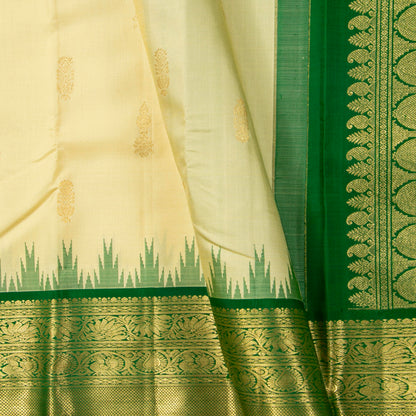 Off White And Green Kanchipuram Silk Saree For Festive Wear PV NYC 1941