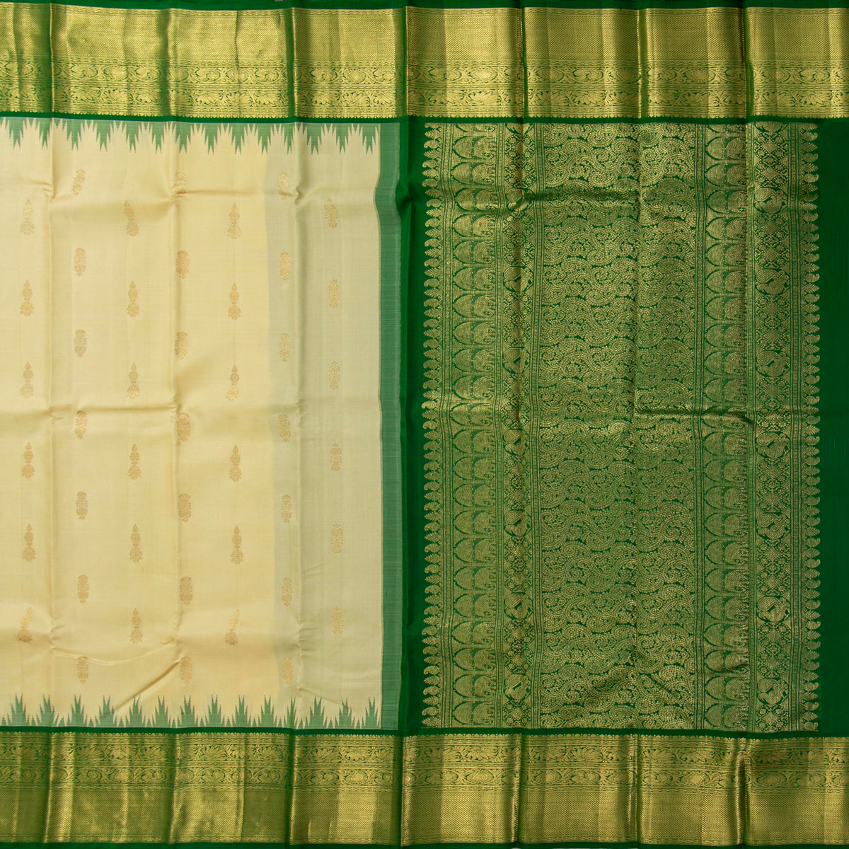 Off White And Green Kanchipuram Silk Saree For Festive Wear PV NYC 1941