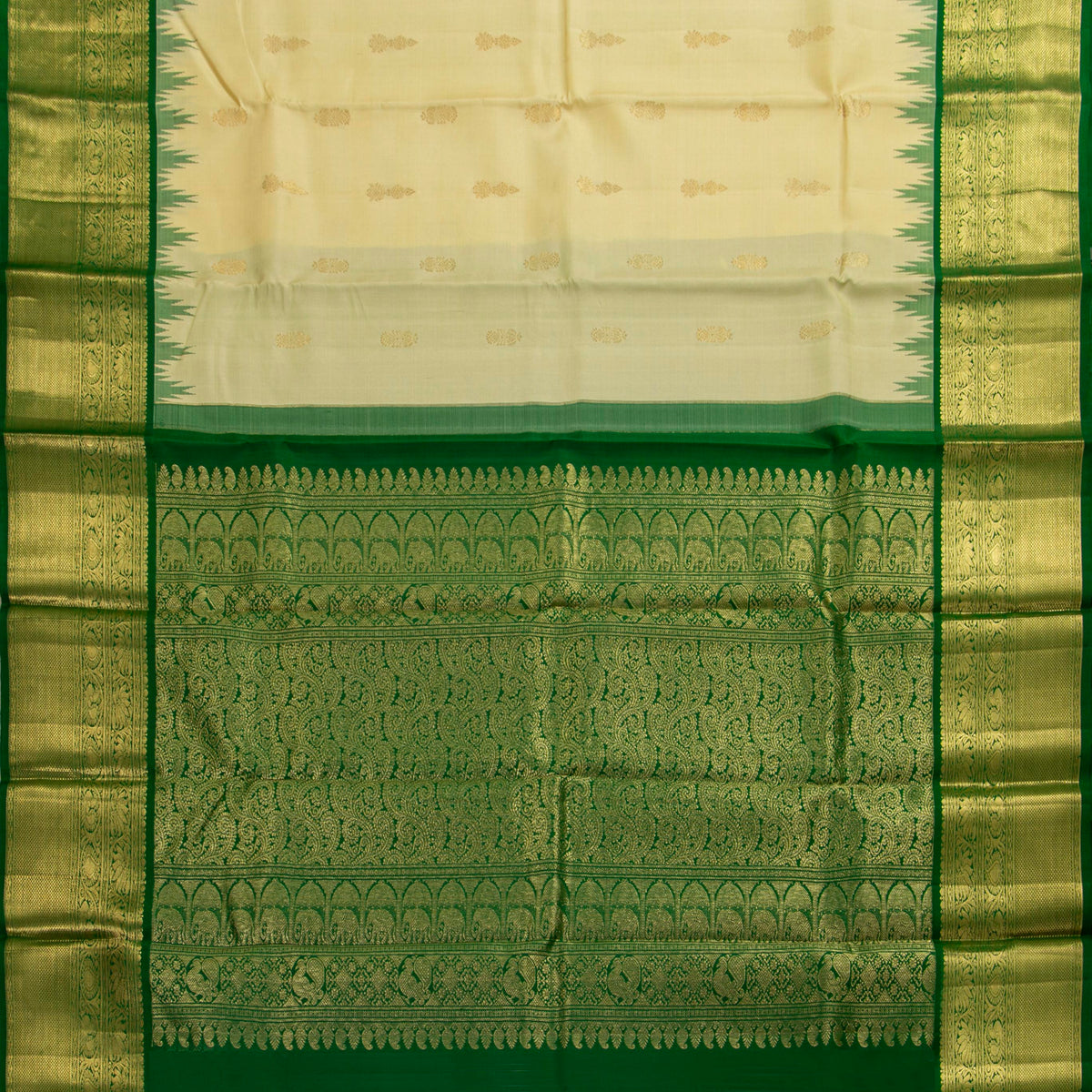 Off White And Green Kanchipuram Silk Saree For Festive Wear PV NYC 1941