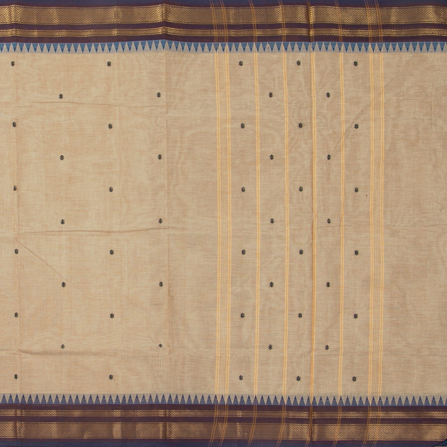 Beige And Brown Kanchi Cottton Saree With Temple Border For Festive Wear PV MM KC 504
