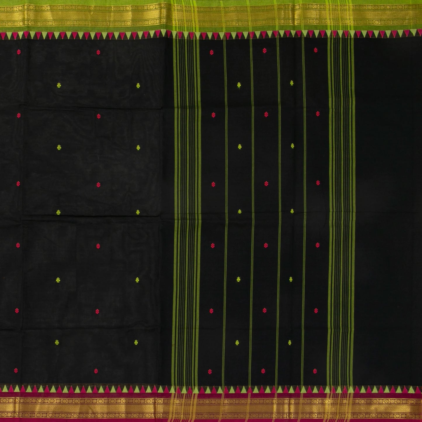 Black And Magenta Kanchi Cotton Saree With Temple Border For Office Wear PV MM KC 469 - Cotton Saree - Panjavarnam PV MM KC 469