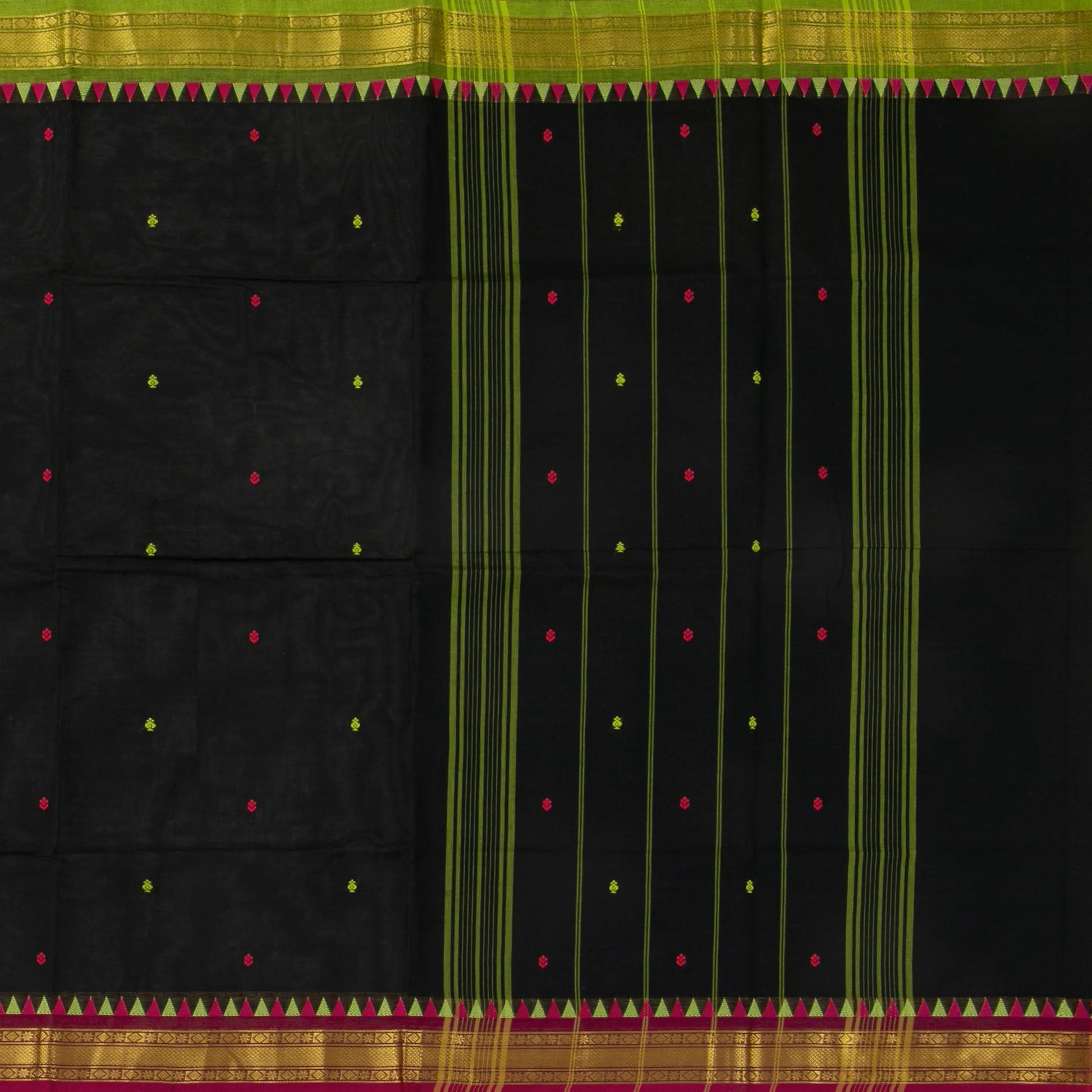 Black And Magenta Kanchi Cotton Saree With Temple Border For Office Wear PV MM KC 469 - Cotton Saree - Panjavarnam PV MM KC 469