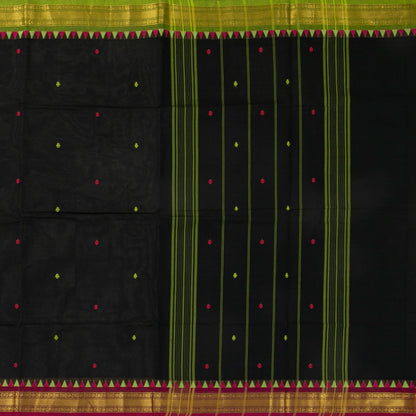 Black And Magenta Kanchi Cotton Saree With Temple Border For Office Wear PV MM KC 469 - Cotton Saree - Panjavarnam PV MM KC 469