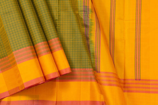 Green And Yellow Kanchipuram Silk Saree Light Weight For Festive Wear PV KNN 216