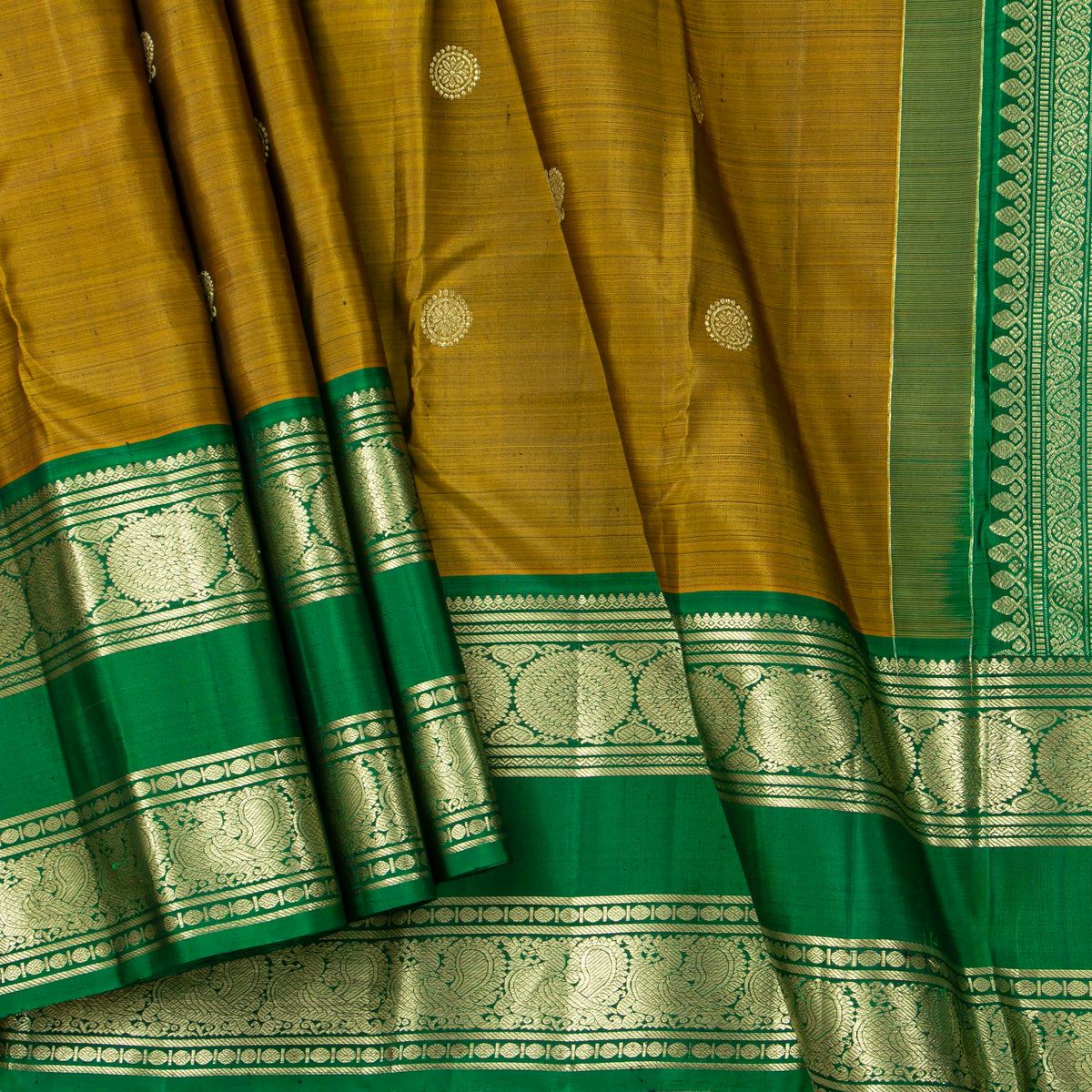 Mustard Kanchipuram Silk Saree Ganga Jamuna Border For Bridal Wear PV NYC 2000