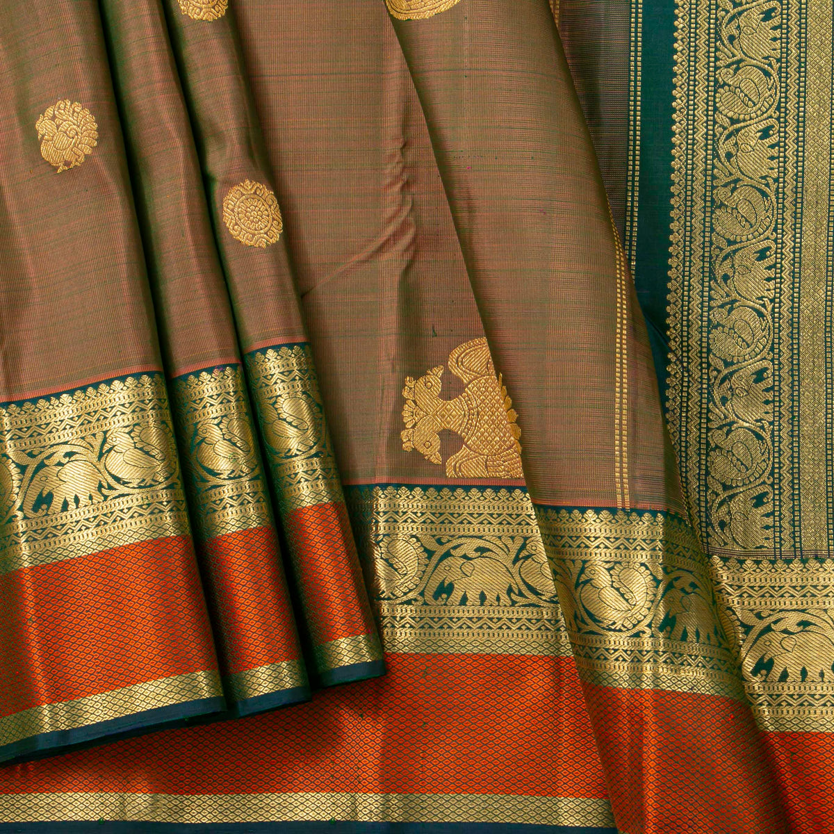Manthulir Green Kanchipuram Silk Saree For Bridal Wear PV NYC 2041