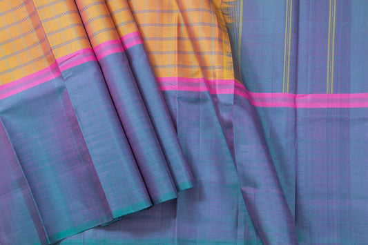 Beige And Blue Ganga Jamuna Border Kanchipuram Silk Saree Light Weight For Festive Wear PV KNN 217