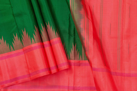 Dark Green And Pink Temple Border Kanchipuram Silk Saree Light Weight For Festive Wear PV KNN 235 - Silk Sari - Panjavarnam