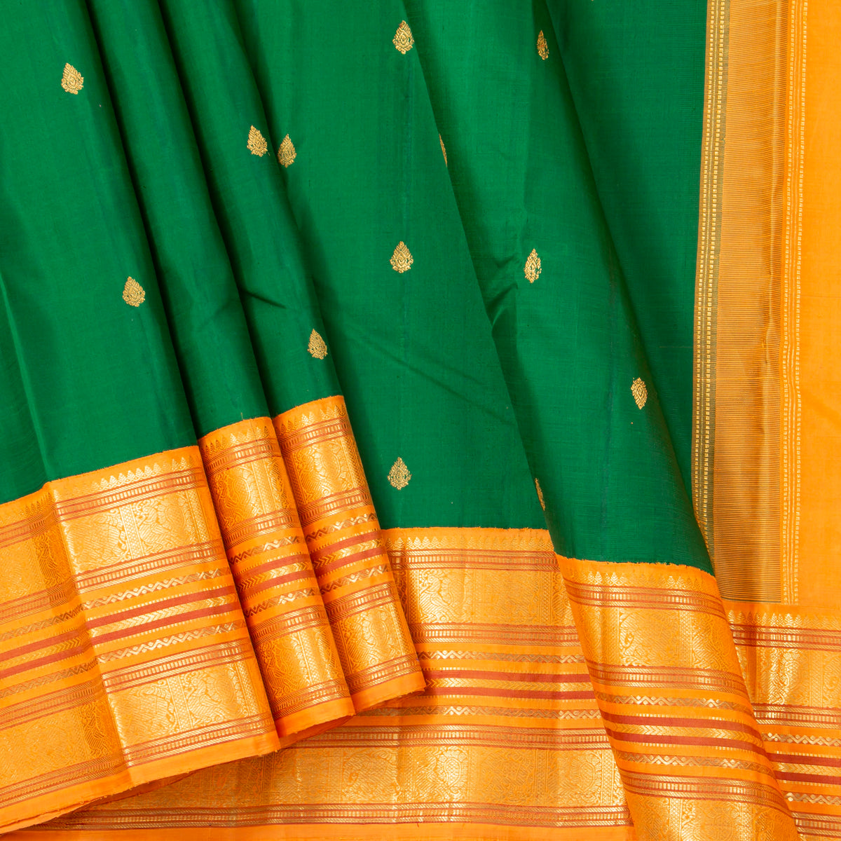 Green And Yellow Kanchipuram Silk Saree For Wedding Wear PV NYC 1938