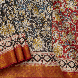 Black Kalamkari Mangalgiri Silk Saree With Zari Border For Office Wear PV MG 106
