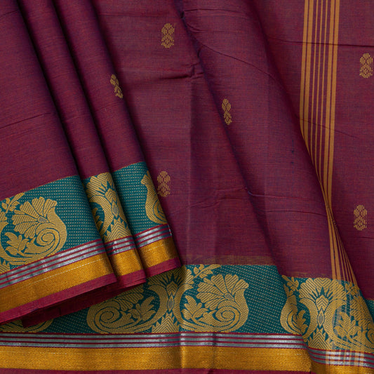 Maroon And Blue Chettinad Cotton Saree PV SK CC 232 - Cotton Saree - Panjavarnam PV SK CC 232