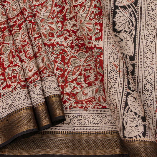 Maroon And Black Kalamkari Mangalgiri Silk Saree With Zari Border For Office Wear PV MG 109