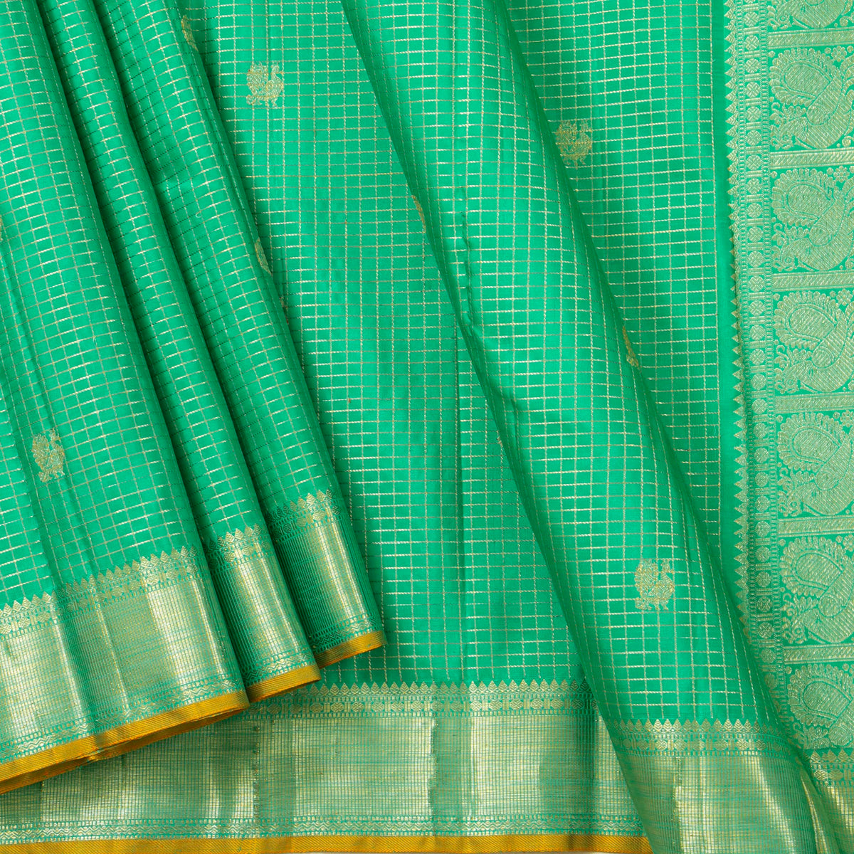Sea Green And Yellow Kanchipuram Silk Saree For Bridal Wear PV NYC 2007