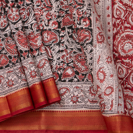 Black And Red Kalamkari Mangalgiri Silk Saree With Zari Border For Office Wear PV MG 110