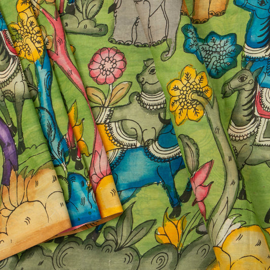 Green Handpainted Kalamkari Bangalore Silk Saree For Office Wear PK BS 585