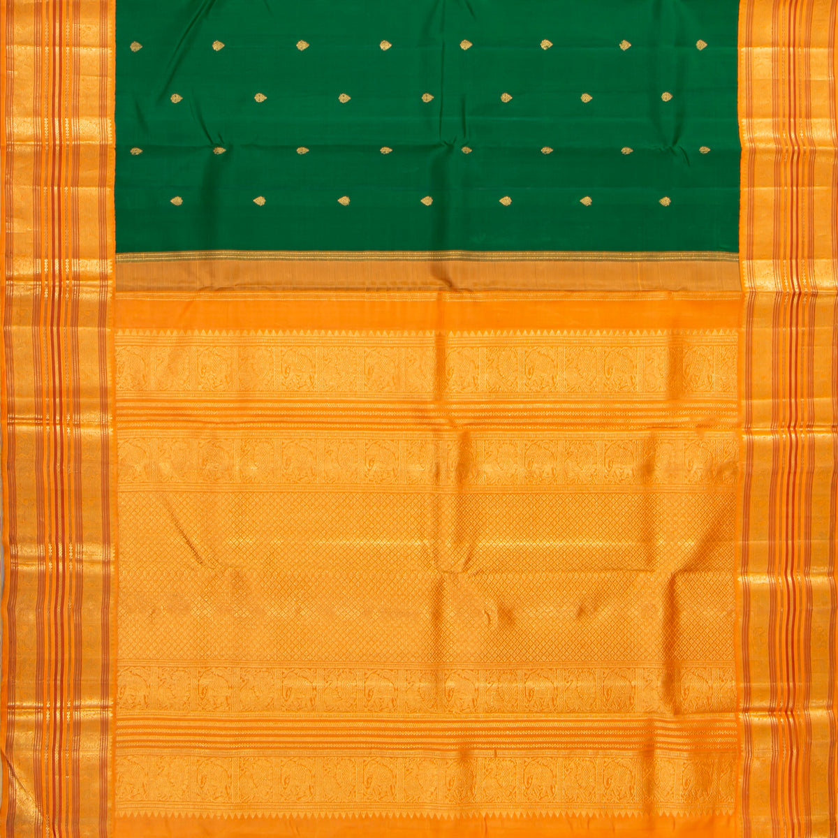Green And Yellow Kanchipuram Silk Saree For Wedding Wear PV NYC 1938