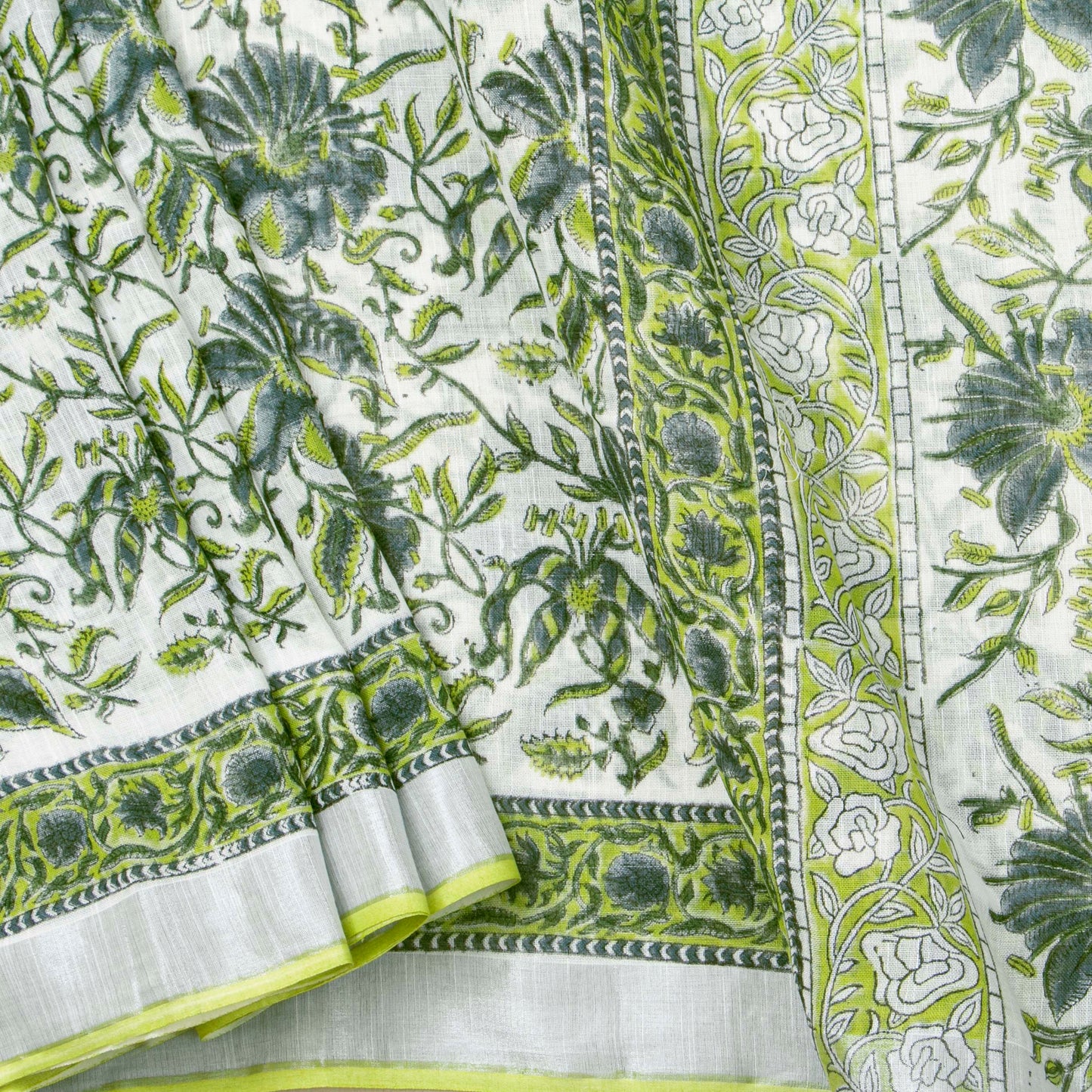 White Linen Saree With Silver Zari Border PL 2095 - Linen Sari - Panjavarnam PL 2095