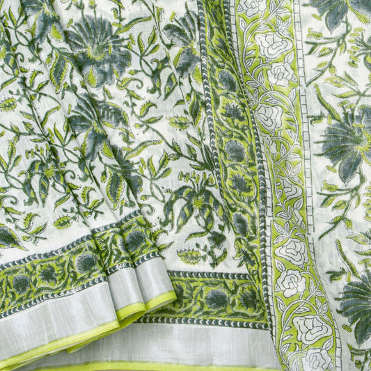 White Linen Saree With Silver Zari Border PL 2095