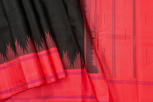 Black And Pink Temple Border Kanchipuram Silk Saree Light Weight For Festive Wear PV KNN 229 - Silk Sari - Panjavarnam