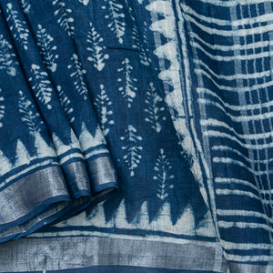 Indigo Blue Linen Saree WIth Silver Zari For Office Wear PL 2094