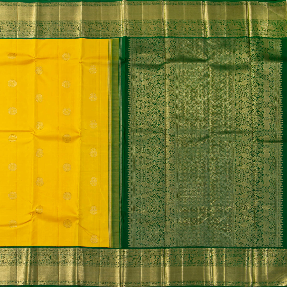 Yellow And Green Kanchipuram Silk Saree For Bridal Wear PV NYC 1939