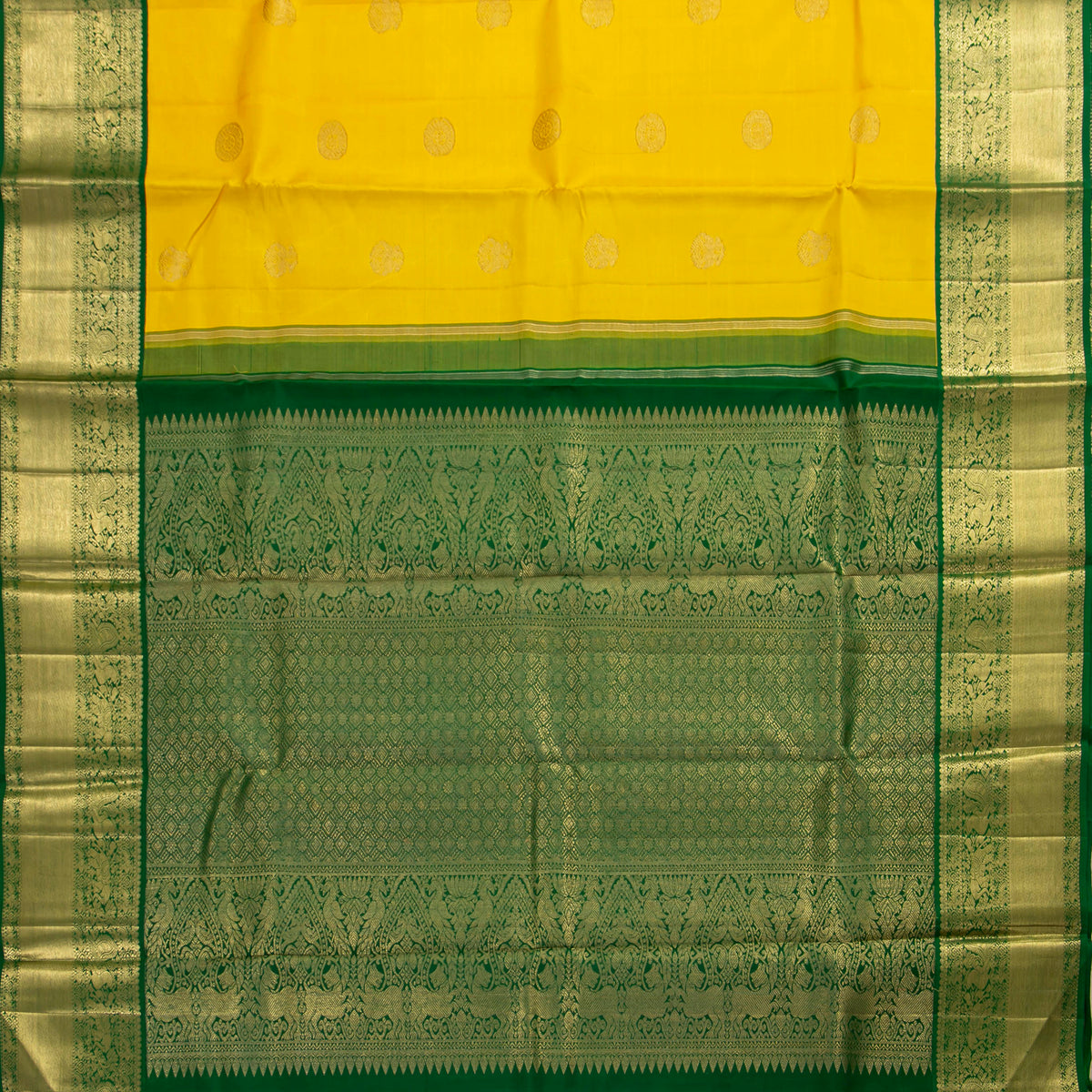 Yellow And Green Kanchipuram Silk Saree For Bridal Wear PV NYC 1939